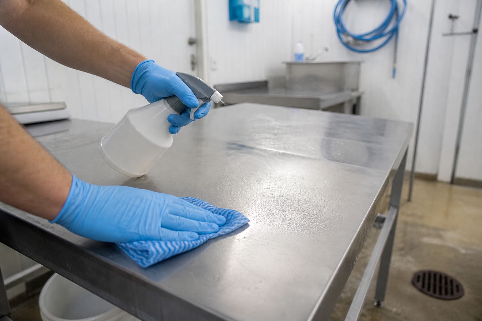 Gloved hands sanitizing a stainless steel work surface in a bright, orderly space